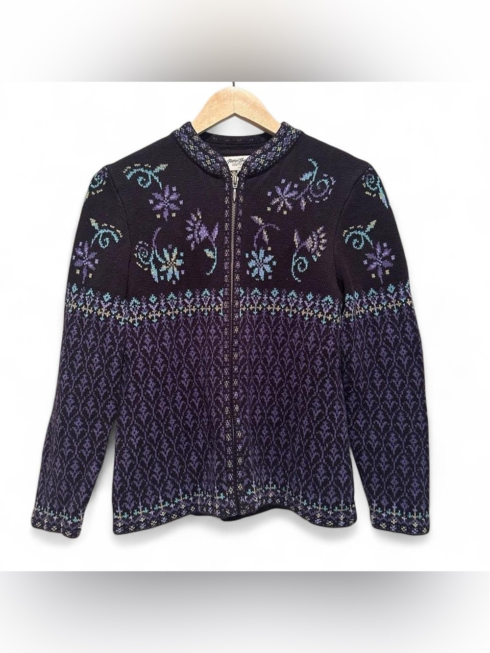 Norm Thompson Nordic Floral Fair Isle Zip Cardigan Sweater Petite Small‎ 90s